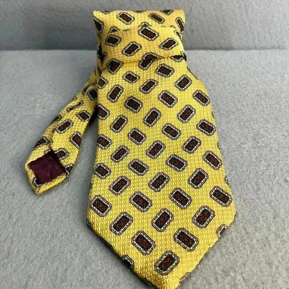 John Ashford Vintage 100% Silk Tie Geometric Golden Yellow with red accents